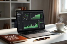 Modern bir ev ofis ortamında laptop ekranında yükselen finansal grafikler ve "2026 Pasif Gelir Planı" yazılı bir ajanda.