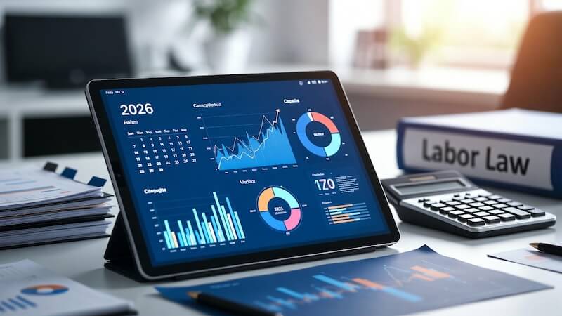 2026 yılı iş hukuku hakları, kıdem tazminatı ve maaş hesaplama rehberini temsil eden finansal dokümanlar ve dijital tablet.
