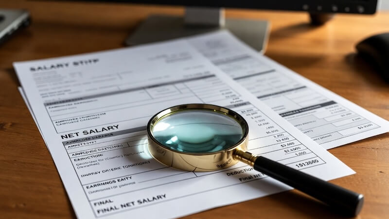 2026 detaylı maaş bordrosu örneği ve hesap makinesi üzerinde büyüteç