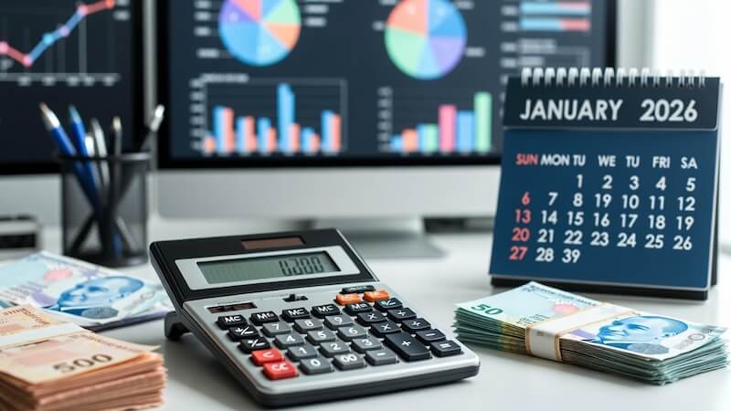 2026 yılı maaş ve kıdem tazminatı hesaplama tablosu, hesap makinesi ve Türk Lirası detaylı finansal görünüm.