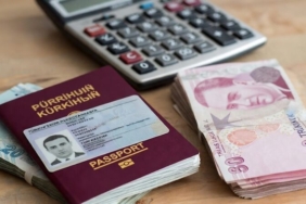 Pasaport, ehliyet ve Türk Lirası banknotları, arka planda hesap makinesi.