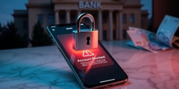 Bir akıllı telefon ekranında banka uygulaması üzerinde asma kilit simgesi ve bloke uyarısı.