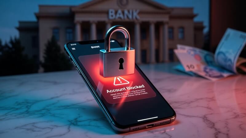 Bir akıllı telefon ekranında banka uygulaması üzerinde asma kilit simgesi ve bloke uyarısı.