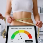 Bel ve kalça ölçümü yapan bir kişinin illüstrasyonu ile vücut yağı dağılımını gösteren grafikler.