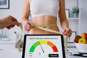 Bel ve kalça ölçümü yapan bir kişinin illüstrasyonu ile vücut yağı dağılımını gösteren grafikler.