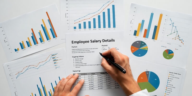 Bordro inceleyen ve not alan bir el, finansal grafikler.