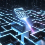 Bir labirentin üzerinde uçan ve çıkış yolunu (sonucu) lazerle gösteren bir hesap makinesi ikonu.