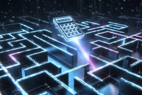 Bir labirentin üzerinde uçan ve çıkış yolunu (sonucu) lazerle gösteren bir hesap makinesi ikonu.