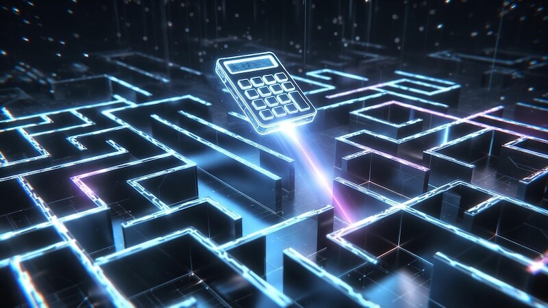 Bir labirentin üzerinde uçan ve çıkış yolunu (sonucu) lazerle gösteren bir hesap makinesi ikonu.