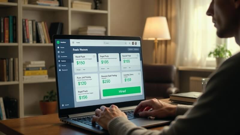 Dizüstü bilgisayarda açık freelance iş bulma siteleri, dolar ve euro simgeleri, uzaktan çalışma ofisi