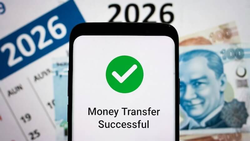 Mobil bankacılık uygulamasından para gönderen kişi ve 2026 takvimi.