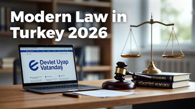 Adalet terazisi, kanun kitapları ve bir vatandaşın tüketici hakem heyetine online başvuru yaparken çekilmiş görseli.