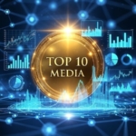 Dijital bir ağ üzerinde birbirine bağlı medya logoları, yükselen grafikler ve "TOP 10 MEDIA" yazan altın rengi bir mühür.