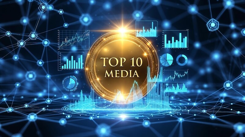 Dijital bir ağ üzerinde birbirine bağlı medya logoları, yükselen grafikler ve 
