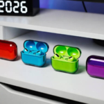 Masada yan yana dizilmiş farklı renklerde kablosuz kulaklık kutuları ve 2026 takvimi.