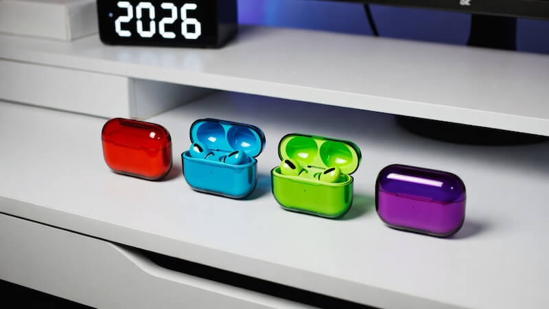 Masada yan yana dizilmiş farklı renklerde kablosuz kulaklık kutuları ve 2026 takvimi.