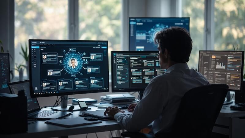 Modern bir ofis ortamında bilgisayar başında iş başvurusu yapan genç bir profesyonel ve ekranlarda görünen popüler kariyer sitesi logoları.