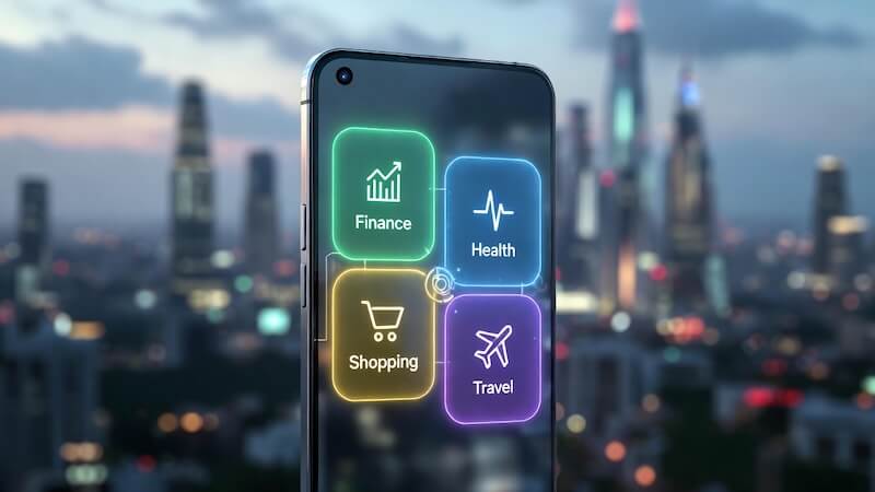 2026 yılında hayatı kolaylaştıran finans, sağlık, seyahat ve alışveriş mobil uygulama ikonlarının yer aldığı bir akıllı telefon ekranı.
