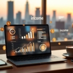 Modern ev ofis ortamında internetten para kazanma ve dijital gelir yönetimi konsepti.