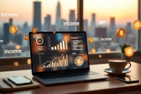 Modern ev ofis ortamında internetten para kazanma ve dijital gelir yönetimi konsepti.