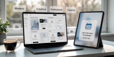 Modern ofis ortamında bilgisayar ekranında profesyonel CV hazırlama aracı ve şablonları.