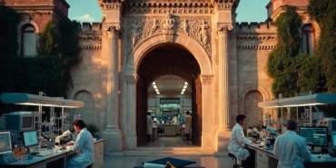 Türkiye'nin en iyi üniversitelerini temsil eden tarihi bir kampüs binası ve modern teknoloji laboratuvarı görselleri.