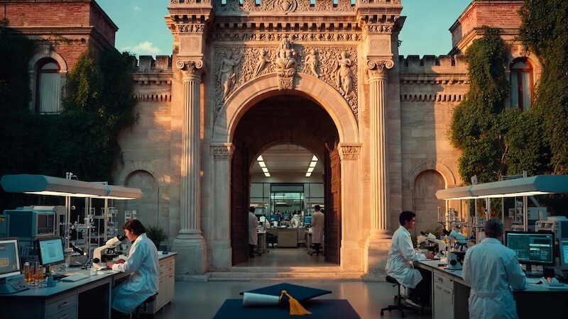 Türkiye'nin en iyi üniversitelerini temsil eden tarihi bir kampüs binası ve modern teknoloji laboratuvarı görselleri.