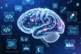Dijital bir insan beyni ve çevresindeki yapay zeka araçları ikonlarının bulut teknolojisiyle birleşimi.