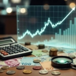 Türk Lirası banknotları üzerinde yükselen bir grafik ve büyüteçle enflasyon hesaplama görseli.