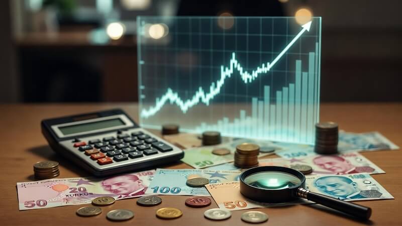 Türk Lirası banknotları üzerinde yükselen bir grafik ve büyüteçle enflasyon hesaplama görseli.
