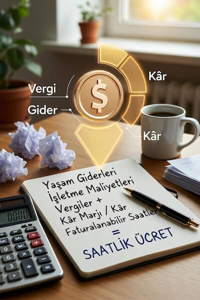 Freelance saatlik ücret hesaplama aracı ekranı, zaman ve para dengesini gösteren holografik simgelerle dolu profesyonel çalışma masası.