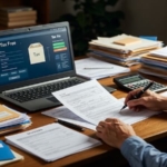 Masa başında fatura düzenleyen freelancer, hesap makinesi, vergi levhası örneği ve dizüstü bilgisayar.