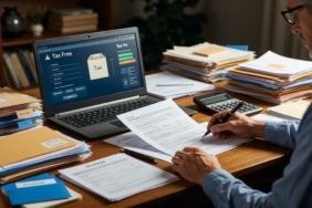 Masa başında fatura düzenleyen freelancer, hesap makinesi, vergi levhası örneği ve dizüstü bilgisayar.