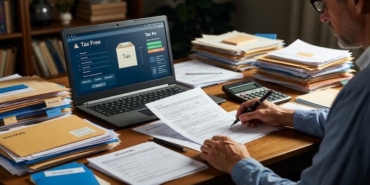Masa başında fatura düzenleyen freelancer, hesap makinesi, vergi levhası örneği ve dizüstü bilgisayar.