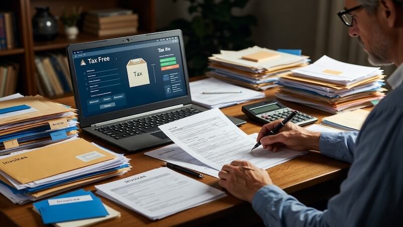 Masa başında fatura düzenleyen freelancer, hesap makinesi, vergi levhası örneği ve dizüstü bilgisayar.