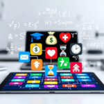 Dijital bir tablet üzerinde finans, sağlık (kalp), zaman (saat) ve eğitim (kalem) ikonlarının olduğu, analitik ve modern bir kompozisyon.