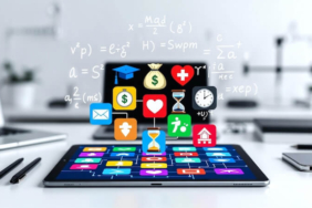 Dijital bir tablet üzerinde finans, sağlık (kalp), zaman (saat) ve eğitim (kalem) ikonlarının olduğu, analitik ve modern bir kompozisyon.
