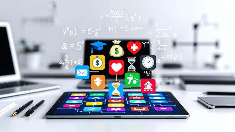 Dijital bir tablet üzerinde finans, sağlık (kalp), zaman (saat) ve eğitim (kalem) ikonlarının olduğu, analitik ve modern bir kompozisyon.