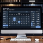 Modern bir hukuk ve finans ofisinde, dijital ekran üzerinde tarihler arası gün hesaplama grafikleri ve profesyonel takvim yönetimi.