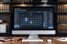 Modern bir hukuk ve finans ofisinde, dijital ekran üzerinde tarihler arası gün hesaplama grafikleri ve profesyonel takvim yönetimi.