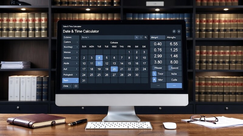 Modern bir hukuk ve finans ofisinde, dijital ekran üzerinde tarihler arası gün hesaplama grafikleri ve profesyonel takvim yönetimi.
