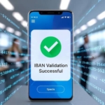 Dijital bir ekran üzerinde IBAN yapısını simgeleyen harf ve rakam dizileriyle birlikte onay işareti.