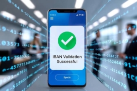 Dijital bir ekran üzerinde IBAN yapısını simgeleyen harf ve rakam dizileriyle birlikte onay işareti.