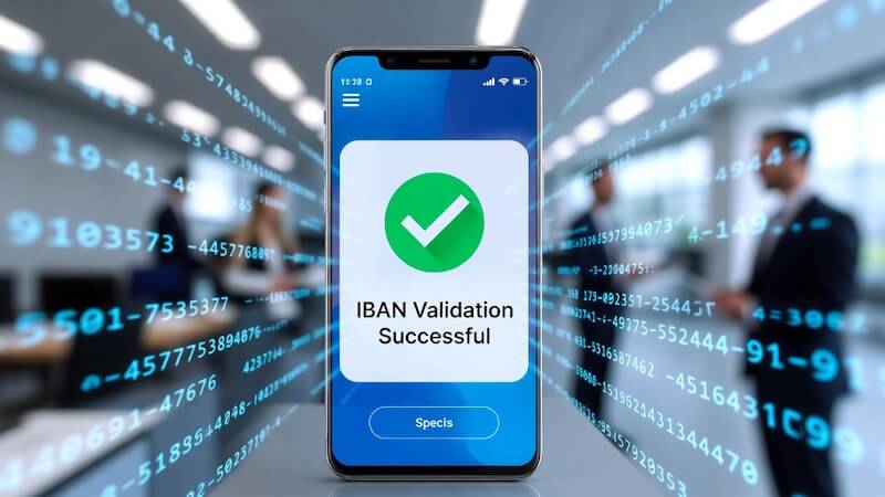 Dijital bir ekran üzerinde IBAN yapısını simgeleyen harf ve rakam dizileriyle birlikte onay işareti.