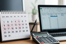 Takvim üzerinde işaretlenmiş tarihler, hesap makinesi ve Excel tablosunda gün formülü ekranı.