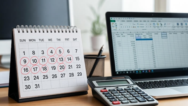 Takvim üzerinde işaretlenmiş tarihler, hesap makinesi ve Excel tablosunda gün formülü ekranı.