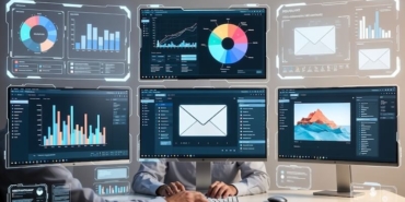 Fütüristik ofis ortamında çalışan beyaz yakalı, havada uçuşan verimlilik ikonları, Excel ve sunum yapan yapay zeka robot eli.