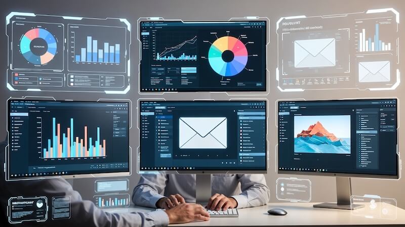 Fütüristik ofis ortamında çalışan beyaz yakalı, havada uçuşan verimlilik ikonları, Excel ve sunum yapan yapay zeka robot eli.