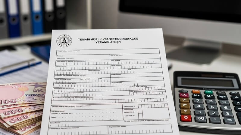 İŞKUR binası önünde bekleyen kişi, hesap makinesi, Türk Lirası ve işsizlik ödeneği başvuru formu.