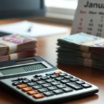 Hesap makinesi üzerinde Türk Lirası banknotları ve 2026 takvimi.